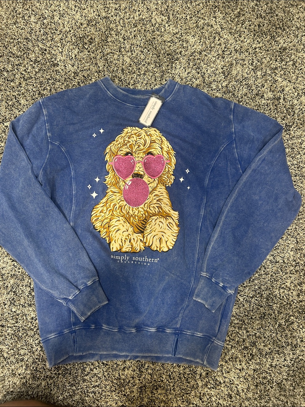 Simply Southern Blue Pullover with Yellow Dog and Pink Heart Glasses